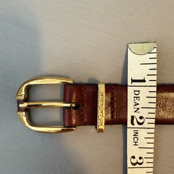 YSL Saint Laurent Burgundy Vintage Leather Belt with Gold Logo - Picture 8 of 12